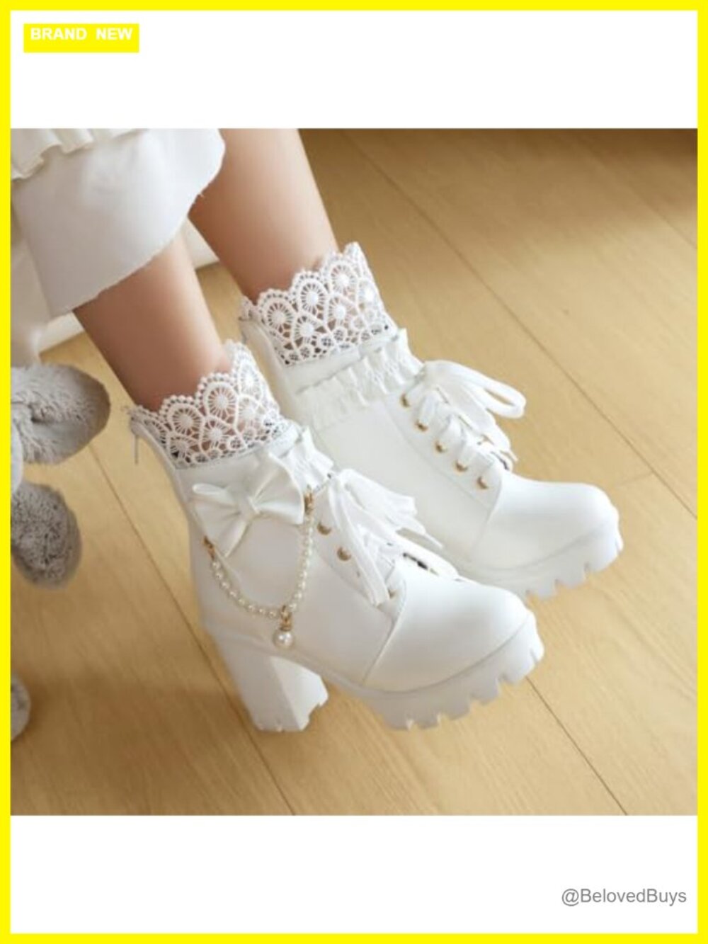 Women's Platform Ankle Boots with Lace Trim and Pearl Chain Embellishment - Picture 2 of 6